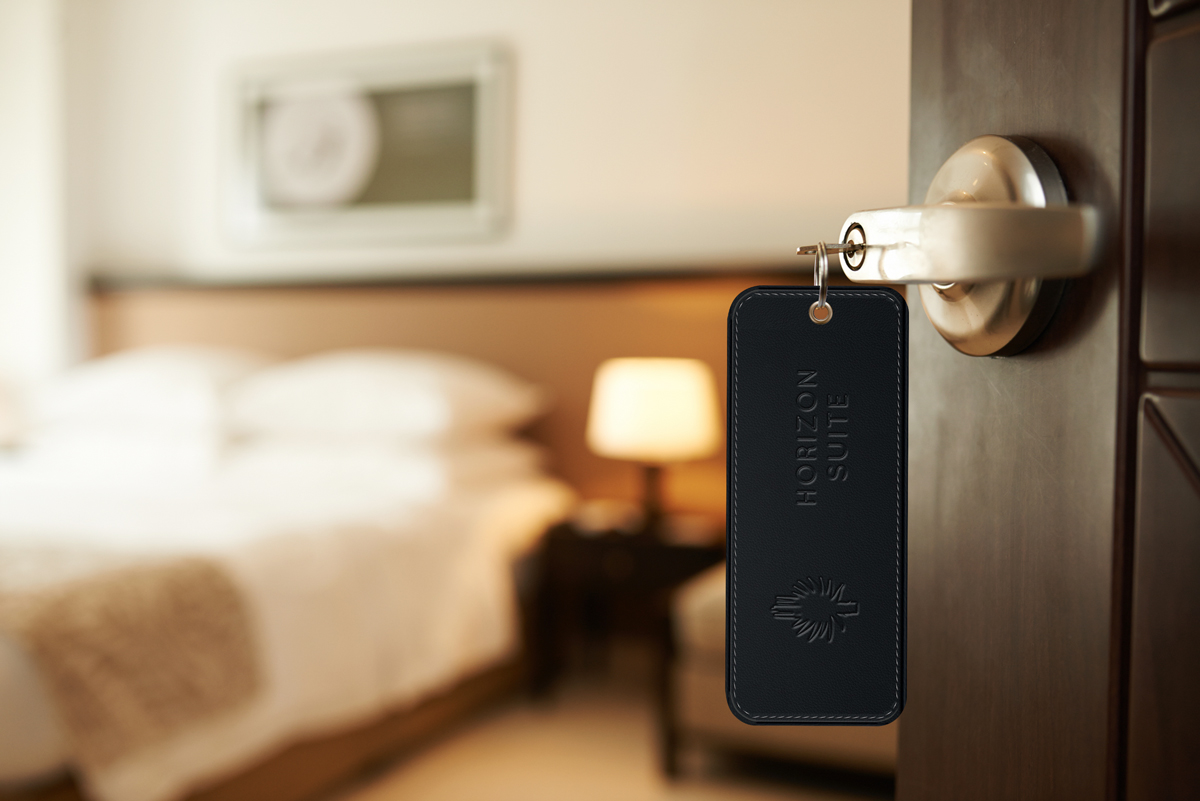 The Cliffside hotel room key carrying the brand identity