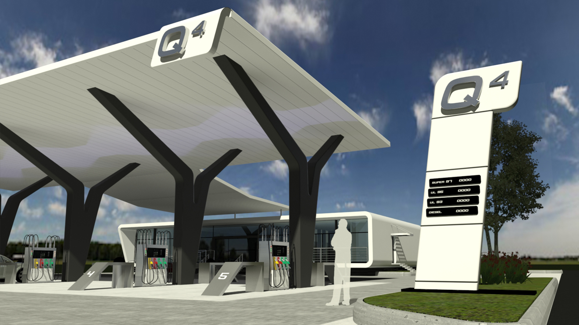 Q4 fuel station exterior designed by Brand DNA