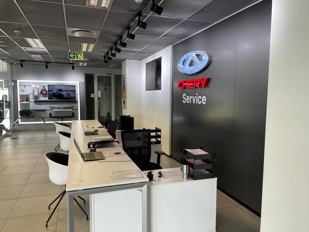 Completed Chery showroom with coordinated interior and customer areas